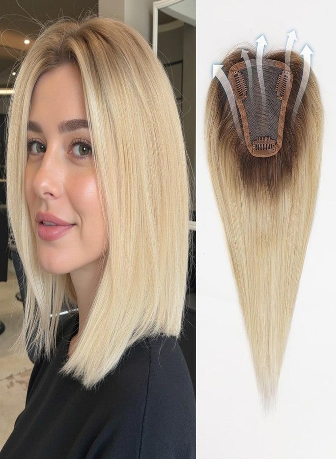 starluck Hair Toppers for Women Real Human Hair No Bangs 3.5"*4"Hand-Tied Swiss Lace Base 12in 100% Remy Human HairTopper for Women with ThinningHair(ombre Light Blonde) - Image 1